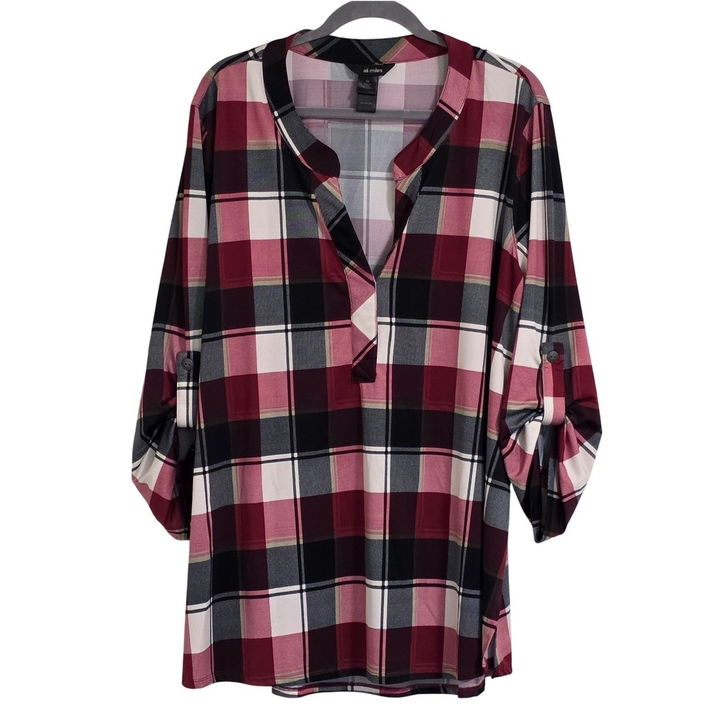 Ali Miles Women's Plaid Tunic Top Women 2X Roll Tab Sleeve V Neck Burgundy Black